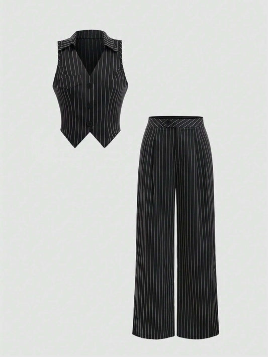 Sweetra 2 pièces Ensemble décontracté femme composé d'un gilet à revers rayé