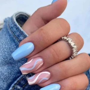 Élevez votre style avec 24 pcs Long Coffin Sky Blue Solid Striped Faux Ongles & 1 pièce feuille de ruban adhésif et 1 pièce Lime à ongles, ongles pressés, fournitures pour les ongles