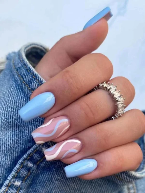 Élevez votre style avec 24 pcs Long Coffin Sky Blue Solid Striped Faux Ongles & 1 pièce feuille de ruban adhésif et 1 pièce Lime à ongles, ongles pressés, fournitures pour les ongles